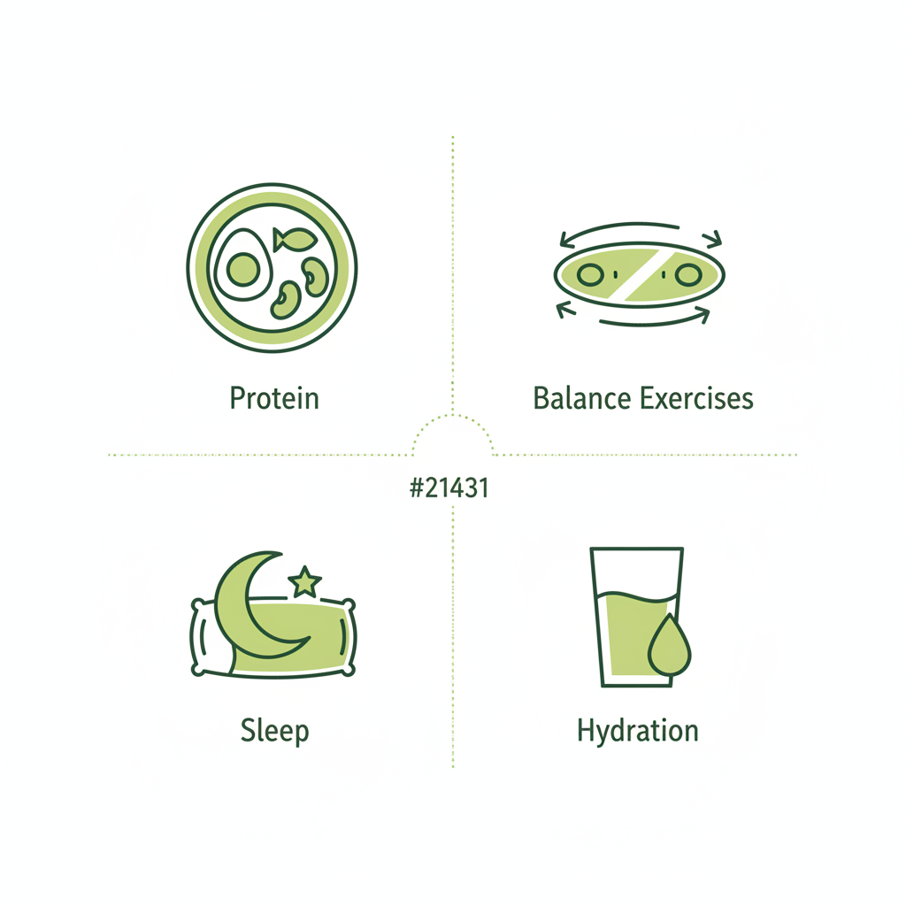 Minimalistische 2D-Vektor-Infografik mit Icons für Proteinquellen, Balance-Übungen, Schlaf und Hydration in Markenfarben, Fokus auf Gesundheit im Alter