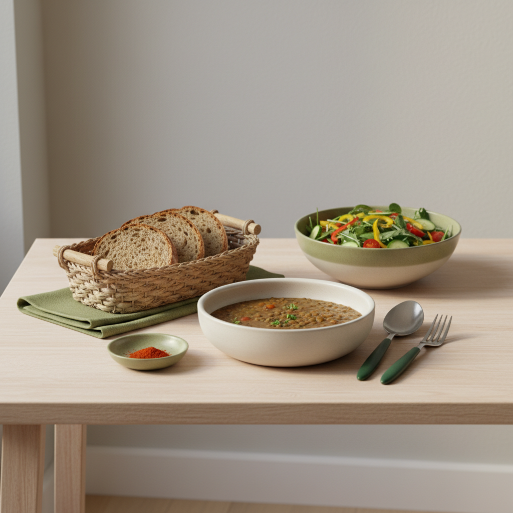 Was ist das Wichtigste für die Gesundheit? Heimische, minimalistische Tischszene mit Linseneintopf, Vollkornbrot und bunter Salatschale vor Hintergrund #dbdbcf, dezente Akzente #a5cd8d.