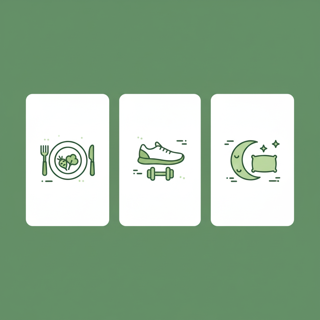 Minimalistische 2D‑Vektor‑Infografik Was sind die 3 Säulen der Gesundheit? Icons für Ernährung, Bewegung und Schlaf in Schnell Lecker Farben (#dbdbcf, #a5cd8d, #21431f).