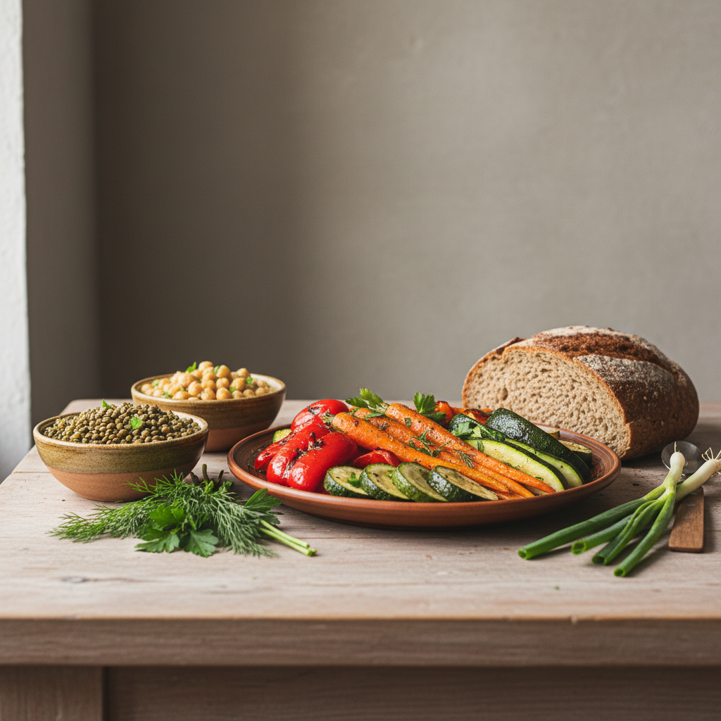 Was sind die 3 Säulen der Gesundheit? Nahaufnahme einer gemütlichen europäischen Küche mit geröstetem Gemüse, Vollkornbrot, Schalen mit Hülsenfrüchten und frischen Kräutern, warmer Hintergrund #dbdbcf