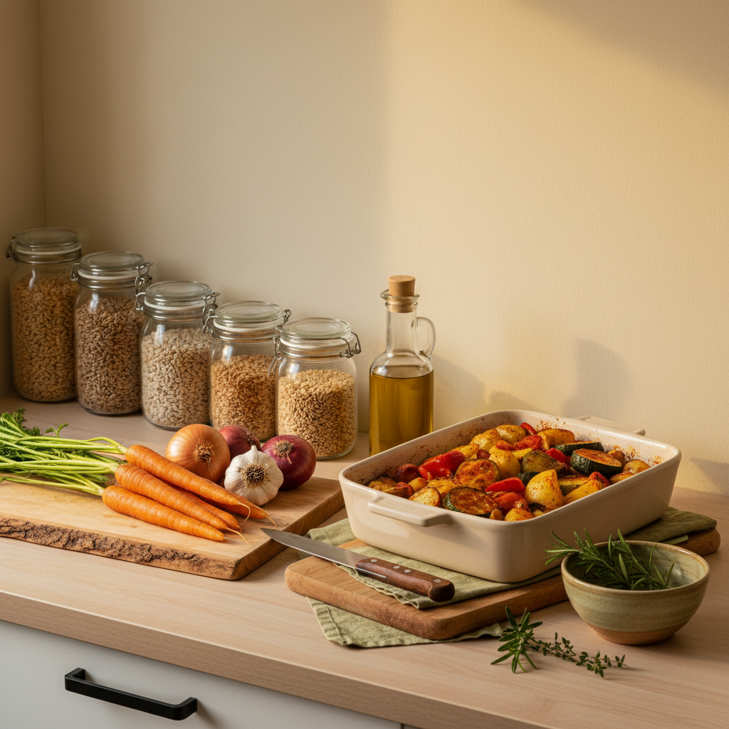 Minimalistische heimische Küche mit Zutaten für schnell kochen: Gläser mit Getreide, Olivenöl, Karotten, Knoblauch, Zwiebeln, Schneidebrett und Ofengemüse bei warmem Licht.