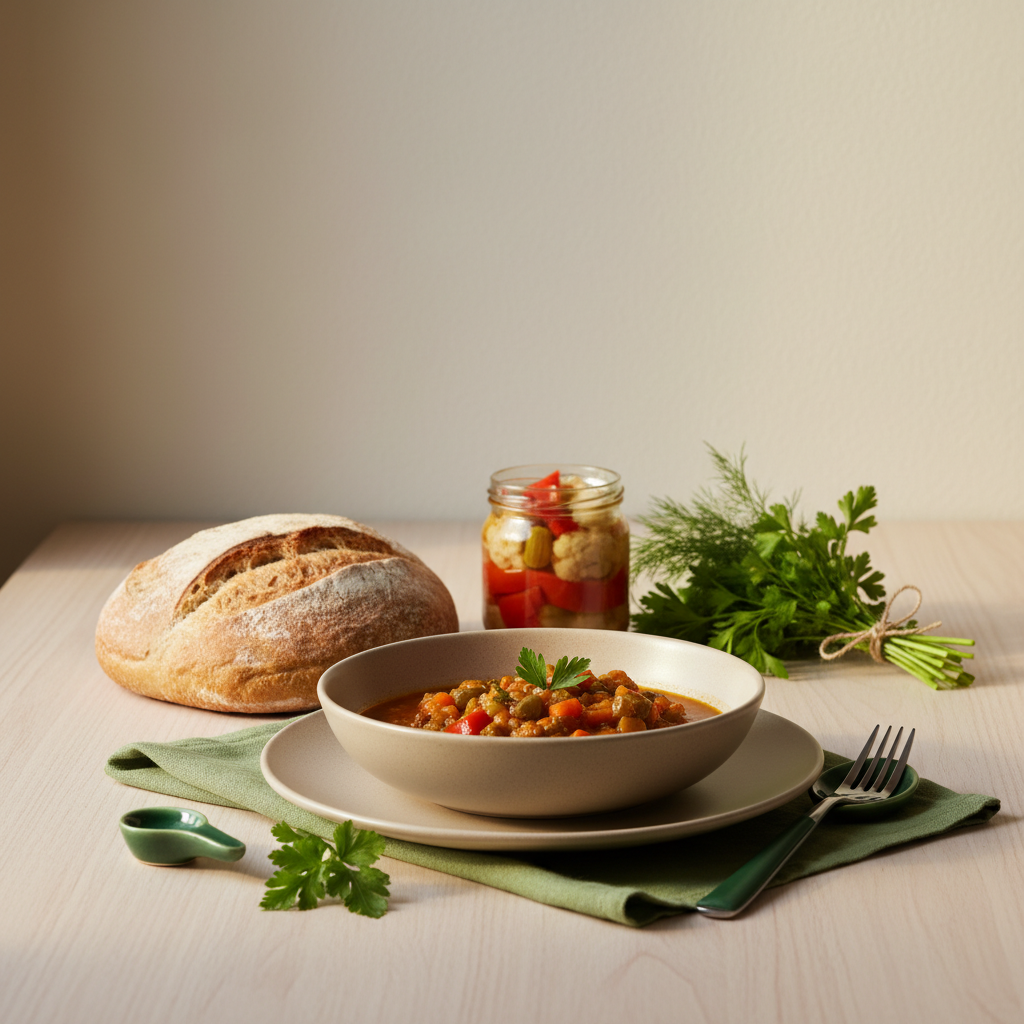 Was gehört alles zur Gesundheit? Minimalistisches, heimeliges Küchenstillleben mit ungarisch-rumänischem Gericht, warmes natürliches Licht, Hintergrund #dbdbcf und dezente Akzente #a5cd8d und #21431f.