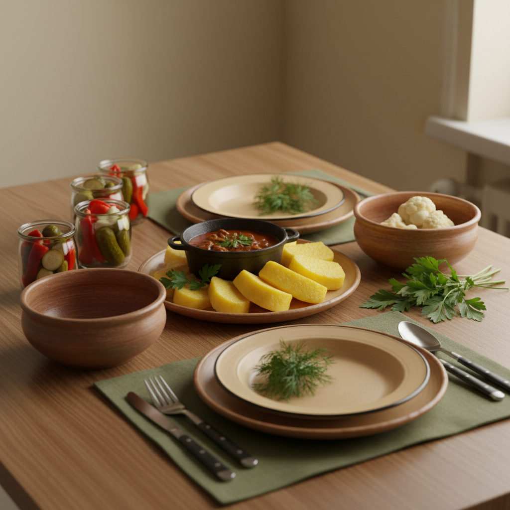 Heimelige Mahlzeit mit ungarisch-rumänischen Gerichten auf Holztisch, frische Kräuter und dezente Markenfarben – Was macht einen gesunden Körper aus