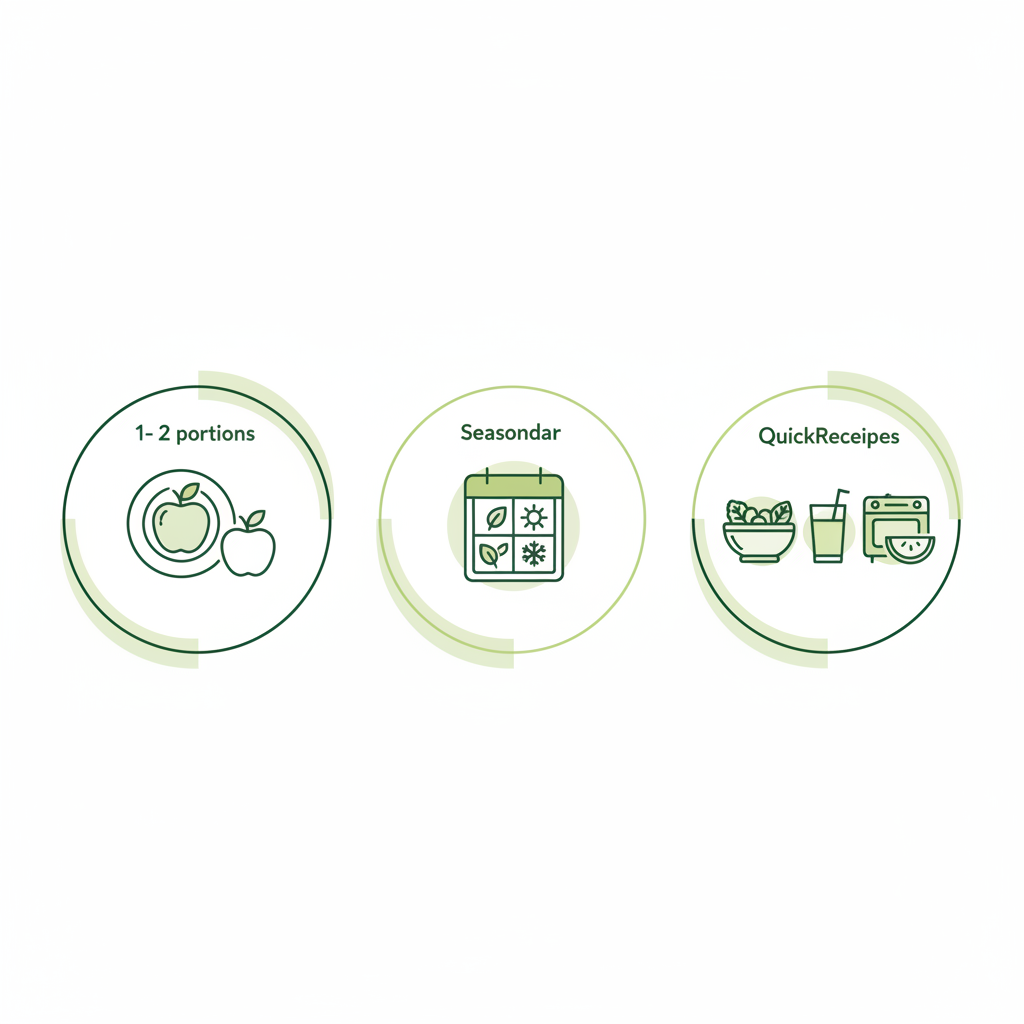 Minimalistische 2D-Vektor-Infografik zu Obst täglich: drei Icons für 1–2 Portionen, Saisonkalender und schnelle Rezepte (Salat, Smoothie, Ofenfrüchte) in Markenfarben.