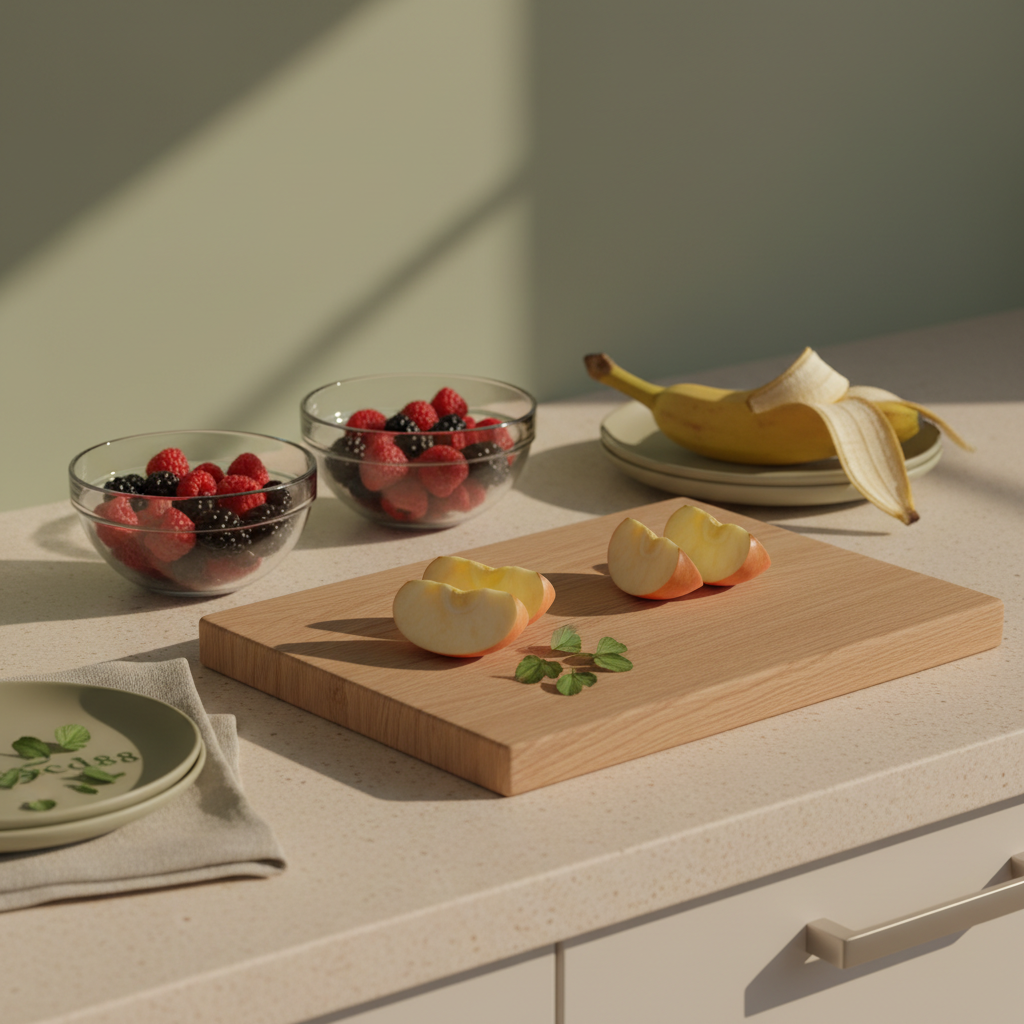 Nahaufnahme einer aufgeräumten europäischen Küchenarbeitsplatte mit Apfelscheiben, Beeren und Banane in Glasgefäßen auf Schneidebrett, warme Beleuchtung – Obst täglich