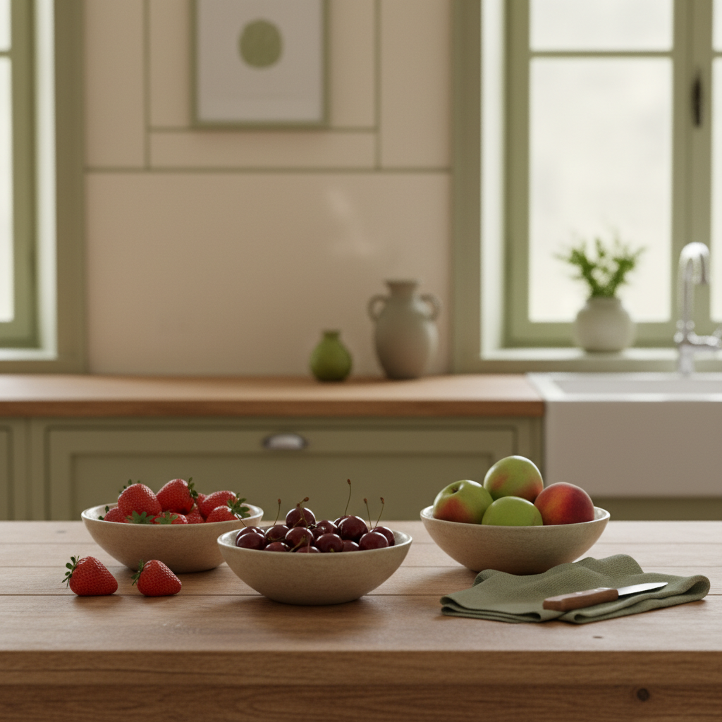 Welche Obstsorten gibt es jetzt? Minimalistische Vollbild-Küchenszene mit Holzarbeitsplatte und Schalen voller Erdbeeren, Kirschen, Äpfel und Pfirsiche, warmes Licht, Hintergrund #dbdbcf.