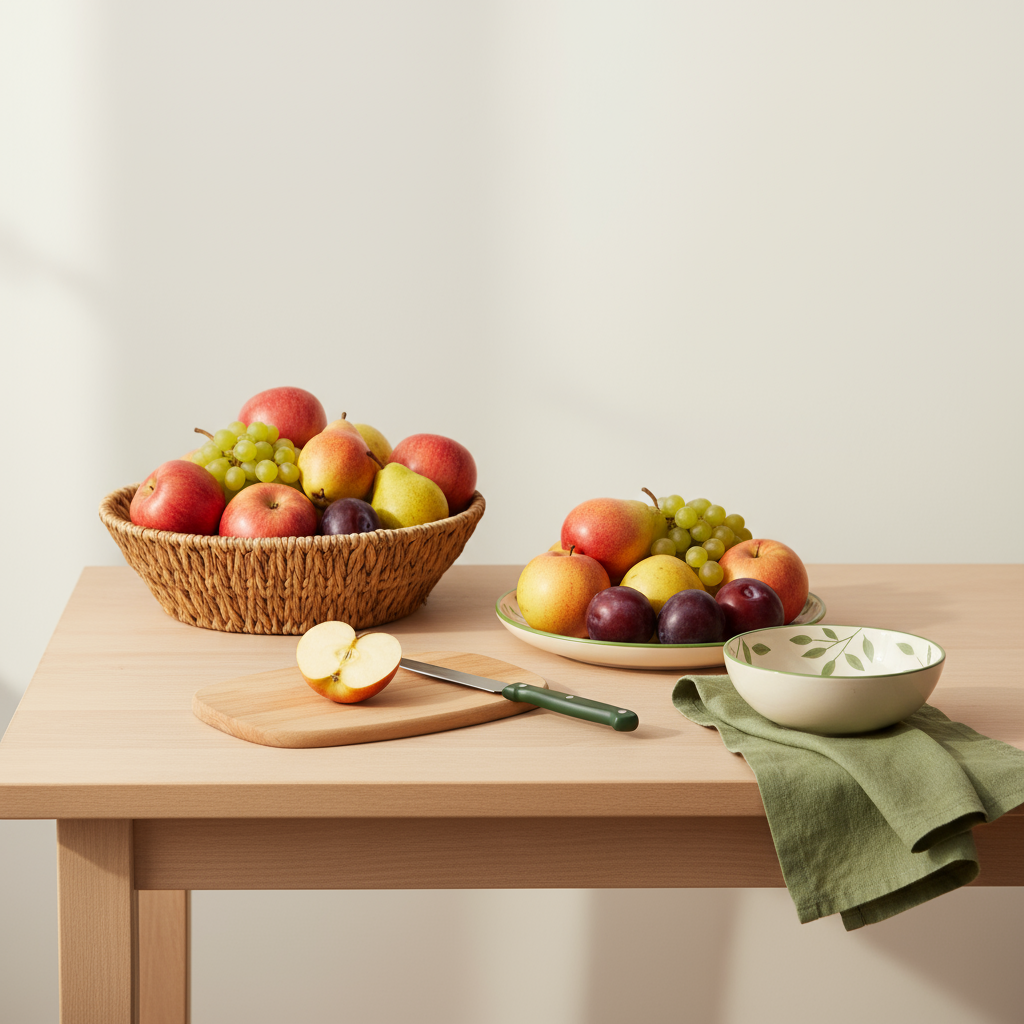 Vollformatige, heimelige Küchenaufnahme mit Schalen frischem bestes Obst auf hellem Schneidebrett, Hintergrund #dbdbcf, dezente Akzente #a5cd8d, warme Beleuchtung