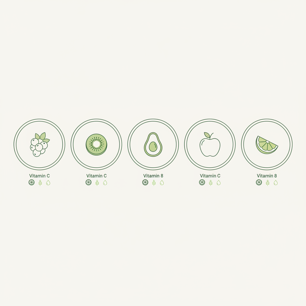 Minimalistische 2D-Vektor-Infografik mit fünf Früchten (Beere, Kiwi, Avocado, Apfel, Orange) und kleinen Nährstoff-Piktogrammen (Zitrusstück, Getreidestiel, Öltropfen) – passend zu gesündeste Früchte