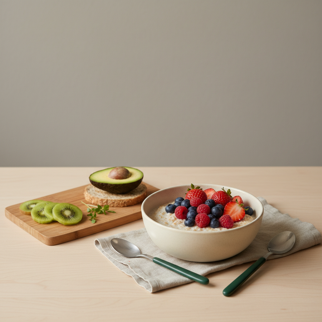 Minimalistisches Frühstück mit Haferbrei, gemischten Beeren, geschnittener Kiwi und Avocado-Toast auf warmem Tisch – gesündeste Früchte im cleanen europäischen Frühstücks-Setup