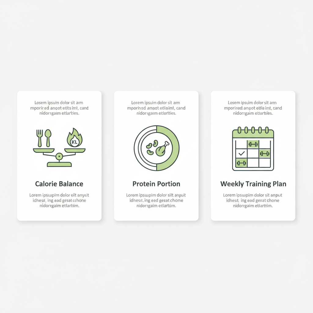 Minimalistische Vektor-Infografik mit Icons für Kalorienbilanz, Proteinportionen und Wochen-Trainingsplan in Markenfarben, Thema schnell abnehmen 10 kg gesund