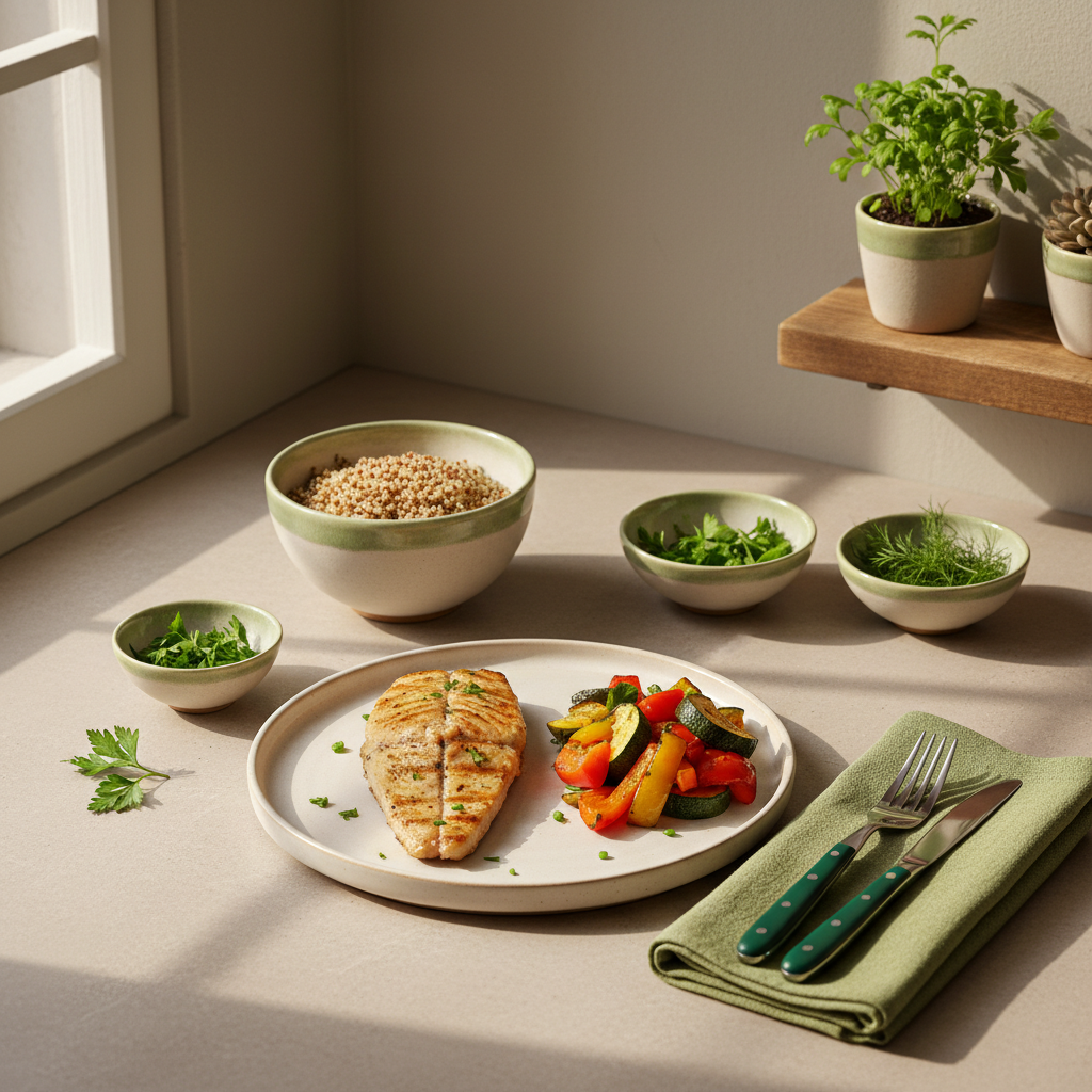 Homey Küchenbild mit gegrilltem Fisch, Quinoa, geröstetem Gemüse und Kräuterschälchen vor neutralem Hintergrund, Akzente #a5cd8d — schnell abnehmen 10 kg gesund