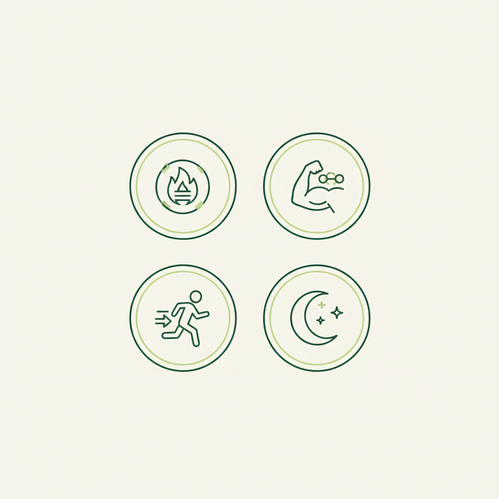 Minimalistische 2D-Vektor-Infografik mit vier Icons (Kalorien, Protein, Bewegung, Schlaf) in Markenfarben, sauber gestaltet für Abnehmen für Anfänger