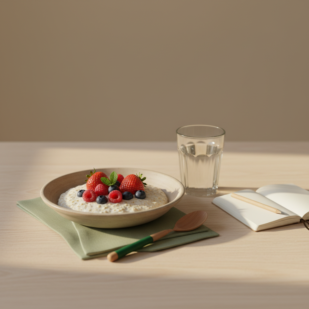 Abnehmen für Anfänger: minimalistisches Frühstück mit Haferbrei, Beeren, Glas Wasser und kleinem Notizbuch vor Hintergrund #dbdbcf mit Akzenten in #a5cd8d und #21431f