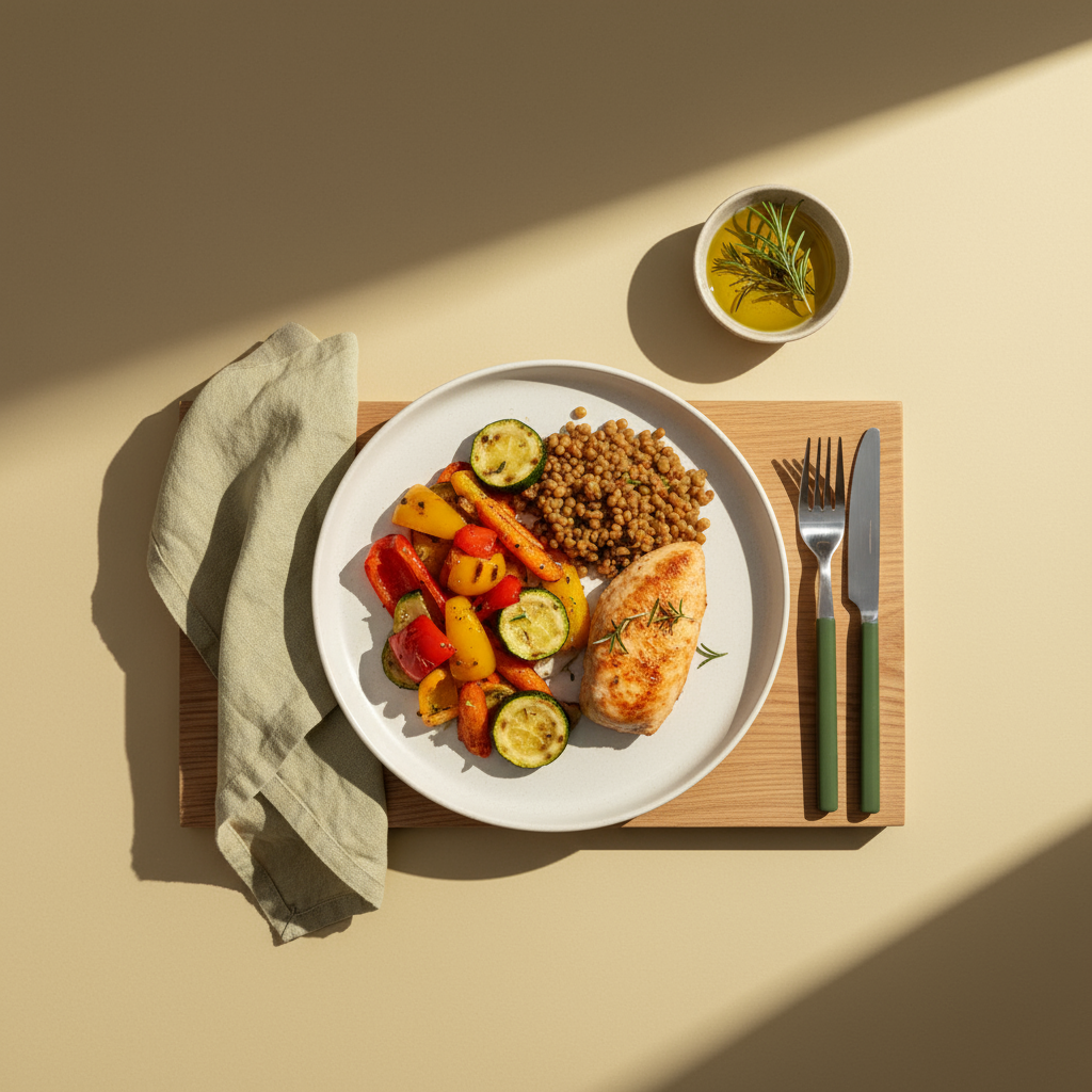 Minimalistisches, heimeliges Küchen-Table-Setting mit Gemüse, Hülsenfrüchten und Protein auf Hintergrund #dbdbcf – inspiriert von abnehmen ohne Diät