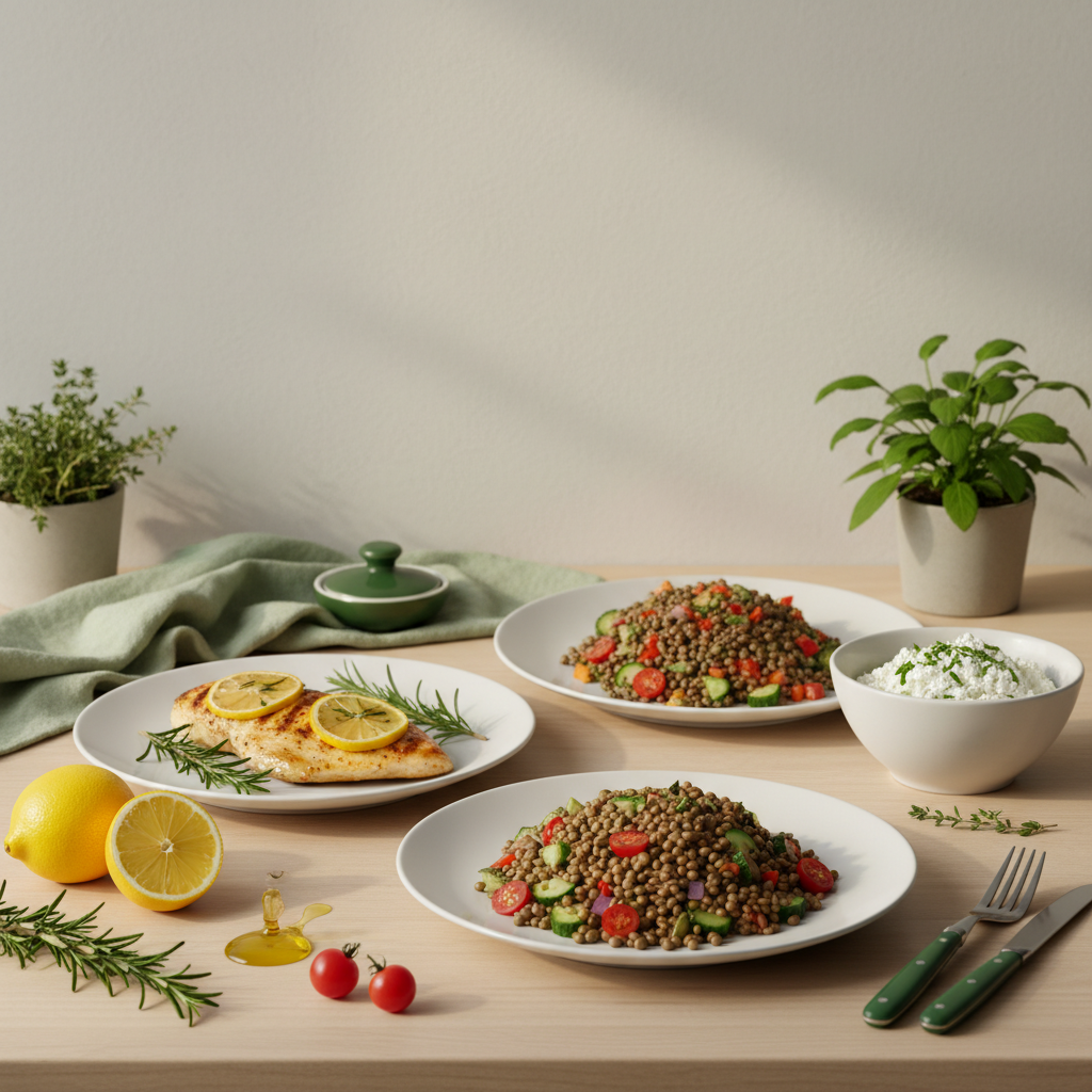 Heimelige Küche mit proteinreichen Tellern, frische Zutaten nahe, minimalistisches Layout in Markenfarben, unterstützt 3 kg in 2 Wochen abnehmen