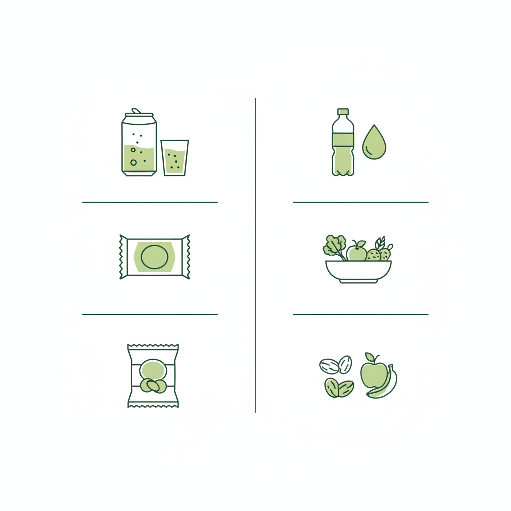 Minimalistische 2D-Vektor-Infografik zu Lebensmittel die man beim Abnehmen meiden sollte: zwei Spalten mit Icons für Getränke, ultraverarbeitete Lebensmittel und Snacks sowie passende gesunde Alternativen.