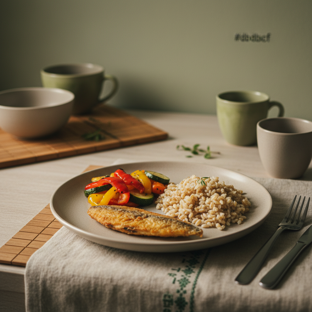 Nahaufnahme eines minimalistischen, warm beleuchteten Gerichts mit Vollkorn, geröstetem Gemüse und kleinem Fischfilet in einer europäischen Küche – Lebensmittel die man beim Abnehmen meiden sollte