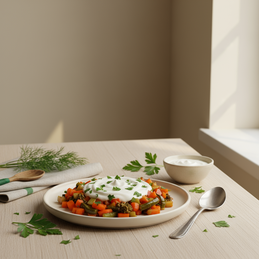 6-4-2-Methode: fertig angerichtete Gemüsepfanne mit Joghurt-Dressing auf schlichtem Teller vor #dbdbcf Hintergrund, warme Akzente #a5cd8d, minimalistisches Küchen-Setup