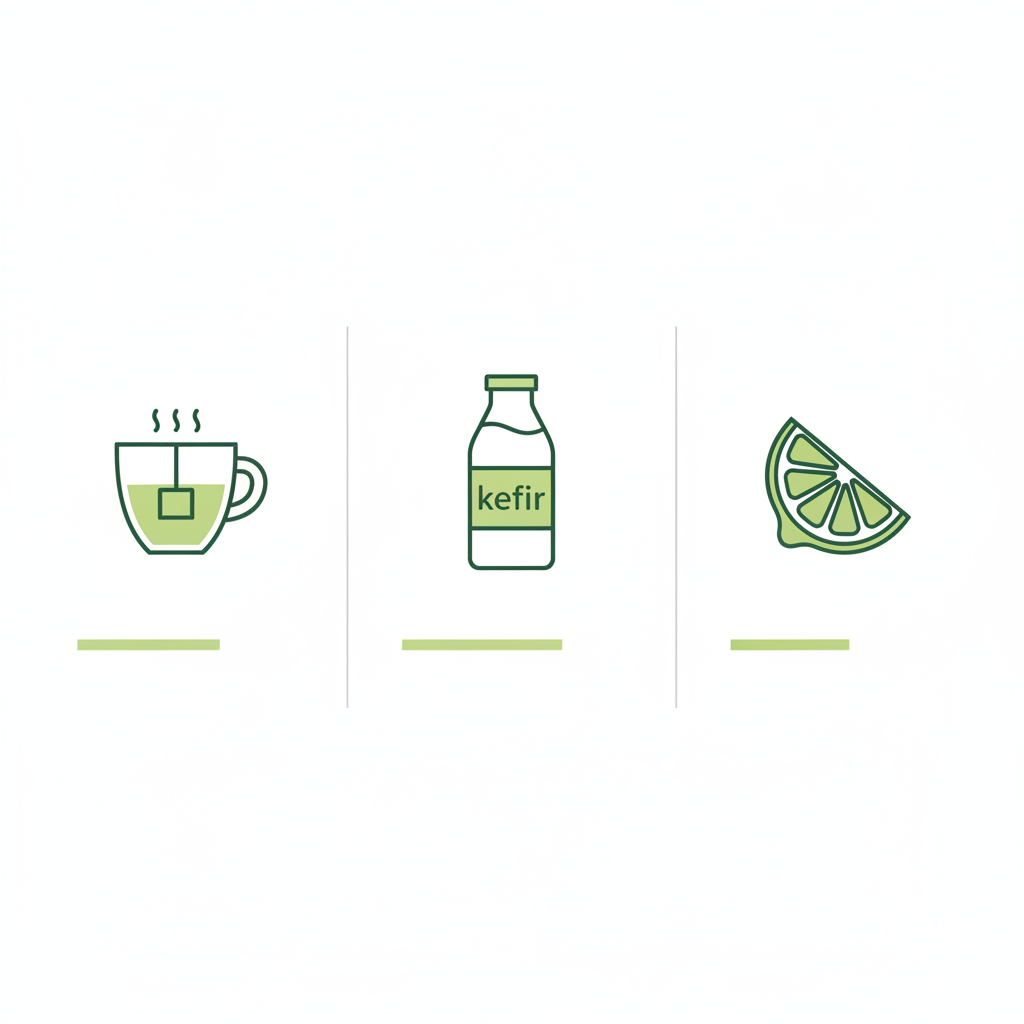 Minimalistische 2D-Vektor-Infografik mit drei Icons (Tasse Tee, Kefirflasche, Zitronenscheibe) und Balken für empfohlene Tagesmengen, passend zu Immunsystem stärken Getränke