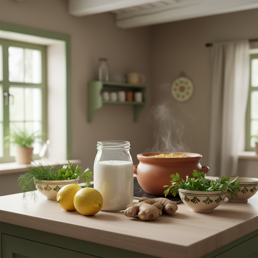 Vollbild mit Kefir, Zitronen, frischem Ingwer, köchelnder Brühe und Kräuterschälchen in einer heimeligen europäischen Küche — Immunsystem stärken Getränke