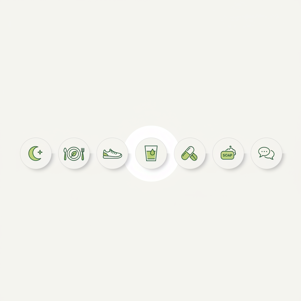 2D-Vektor-Infografik mit sieben minimalistischen Icons (Schlaf, Ernährung, Bewegung, Flüssigkeit, Supplemente, Hygiene, Sozial) in Markenfarben zur Veranschaulichung: Immunsystem stärken.