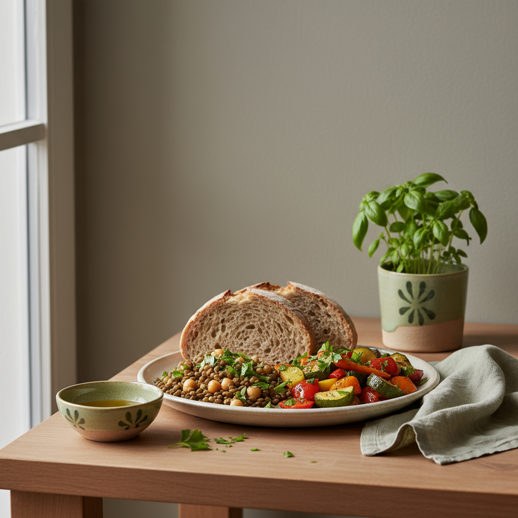 Heimische, minimalistische Mahlzeit mit Brot, Hülsenfrüchten, geröstetem Gemüse und Kräutern auf hellem Hintergrund, dezente Markenfarben – Immunsystem stärken
