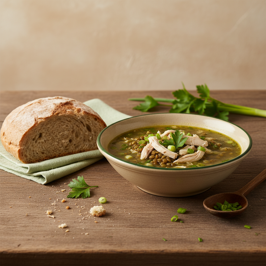 Wie lange dauert es, das Immunsystem wieder aufzubauen? Heimelige Hühnersuppe mit Linsen, frischen Kräutern und Brot auf rustikalem Tisch, Hintergrund #dbdbcf, Akzent #a5cd8d