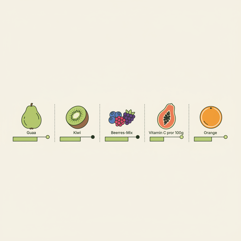 Vektor-Infografik mit Guave, Kiwi, Beeren, Papaya und Orange und proportionalen Vitamin-C-Balken – Welches Obst stärkt das Immunsystem