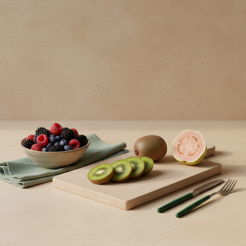 Minimalistisches Küchenstillleben mit geschnittener Kiwi, halbierter Guave und Schale gemischter Beeren auf hellem #dbdbcf Hintergrund, dezente #a5cd8d Serviette — Welches Obst stärkt das Immunsystem