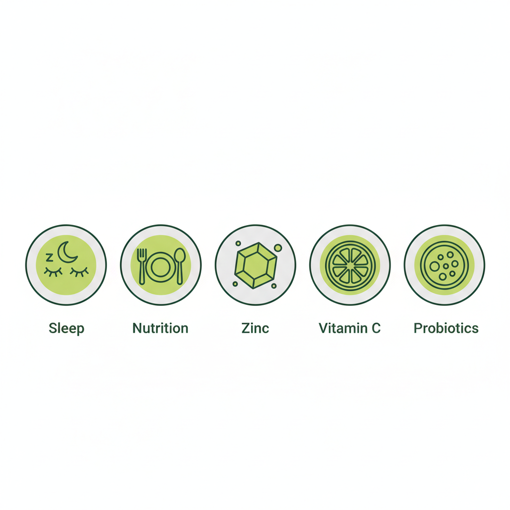 Minimalistische 2D-Vektor-Infografik mit fünf Icons für Schlaf, Ernährung, Zink, Vitamin C und Probiotika in Schnell Lecker Farben als Naturheilmittel-Übersicht