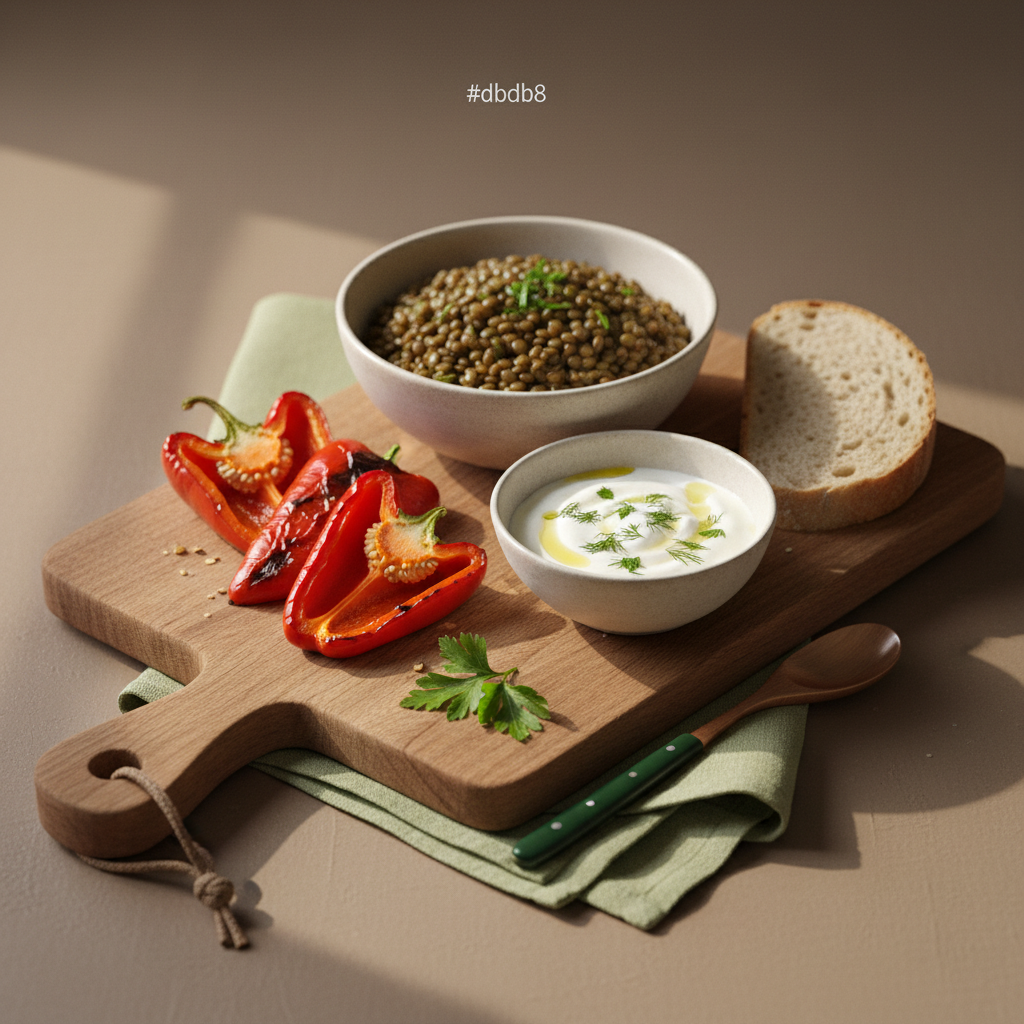 Nahaufnahme einer minimalistischen europäischen Stoffwechsel-Mahlzeit mit gerösteten Paprika, Linsen, Joghurt und frischen Kräutern auf Holzbrett, dezente Akzente #a5cd8d, Hintergrund #dbdbcf