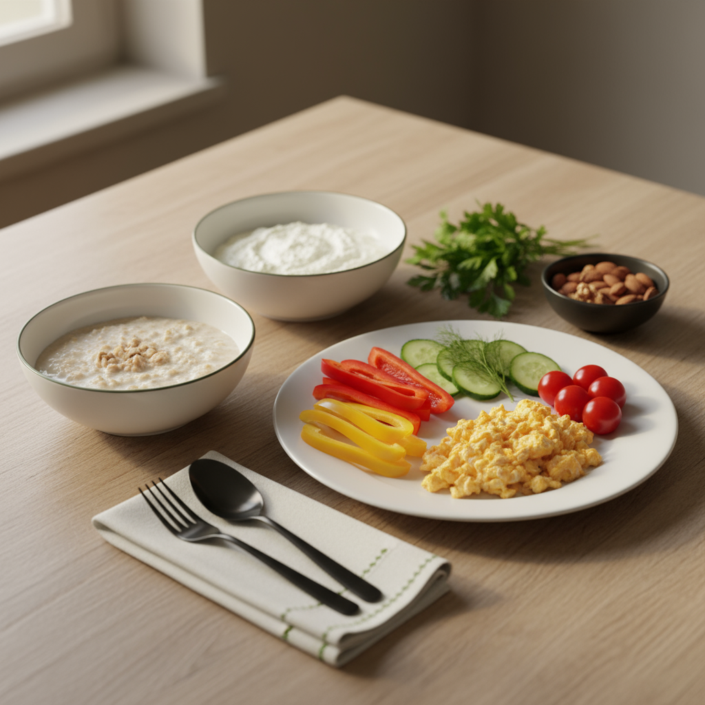 Rustikales Frühstück mit Haferbrei, Quark, Eiern und Gemüse auf minimalistischem Tisch, dezente Farben #dbdbcf und #a5cd8d – Bild zum Thema schnellen Stoffwechsel bekommen.