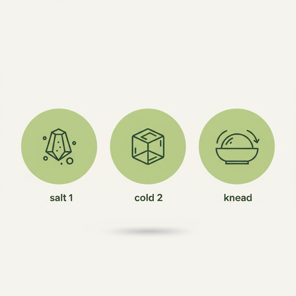 Minimalistische 2D-Vektor-Infografik mit drei Icons (Salz, Eiswürfel, Schüssel mit Teig und kreisenden Pfeilen) zur Anleitung Cevapcici lange kneten in Schnell Lecker Farben.