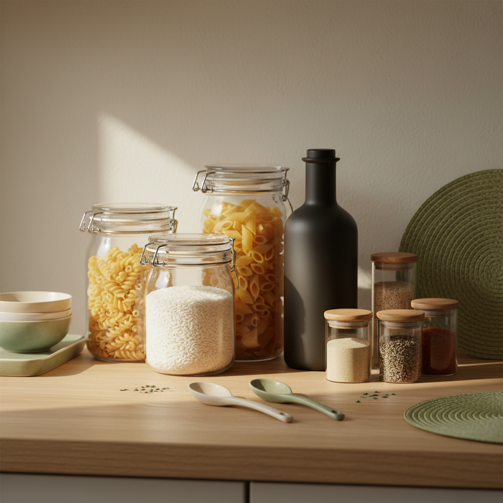 Close‑up von Kochzutaten auf Holzarbeitsfläche: Gläser mit Reis und Pasta, Olivenölflasche und Gewürzgläser im warmen Tageslicht, Hintergrund #dbdbcf