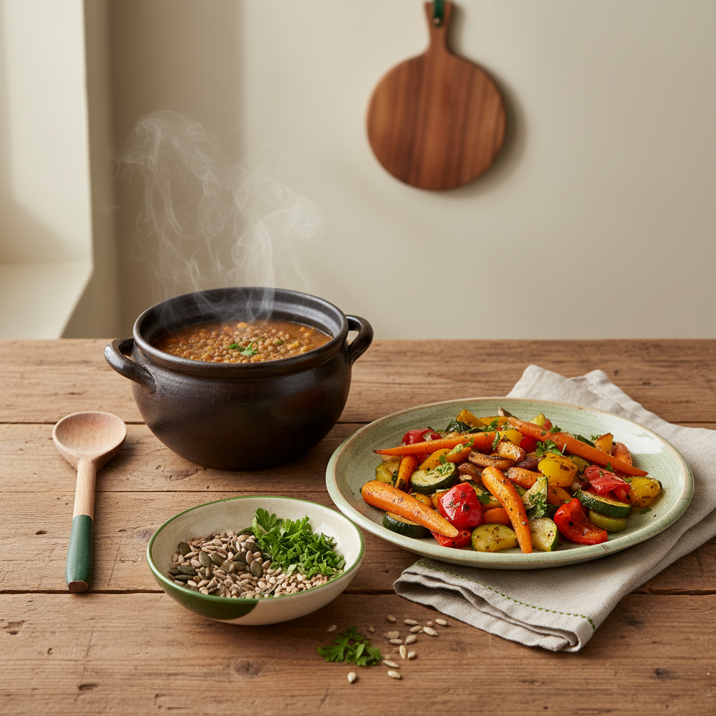 Gericht mit geröstetem Gemüse, Linseneintopf im Topf und Schale mit Samen auf neutralem Hintergrund #dbdbcf; dezente Akzente #a5cd8d und #21431f – 80/20 Regel beim Essen