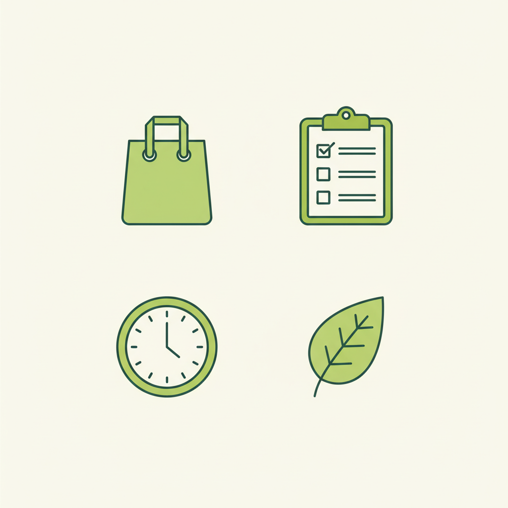 Einkaufsliste täglich: minimalistische Vektor-Infografik mit Einkaufstasche, Checkliste, Uhr für Meal-Prep und Blatt für Nachhaltigkeit in Schnell Lecker Farben