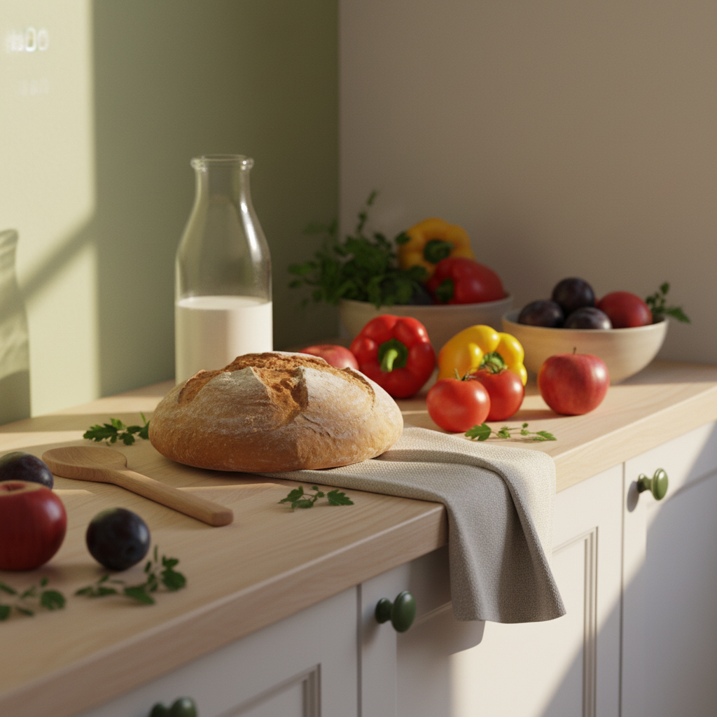 Vollbildaufnahme einer heimeligen europäischen Küche mit Holzarbeitsfläche, frischem Brot, Milchflasche, Obst und Gemüse, warmes Licht – Einkaufsliste täglich