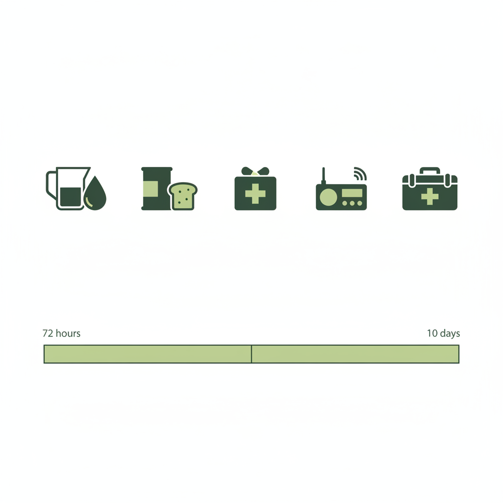 Minimalistische 2D-Vektor-Infografik mit Icons für Wasser, Lebensmittel, Medizin, Kommunikation und zwei Dauer-Balken. Was braucht man zuhause, wenn Krieg ausbricht?