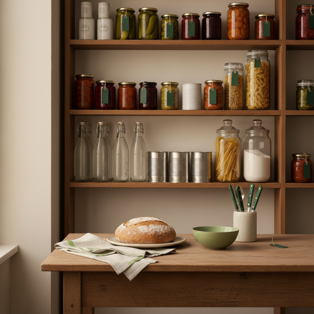 Was braucht man zuhause, wenn Krieg ausbricht? Vollbild: heimelige Vorratsküche mit eingelegten Gläsern, gestapelten Wasserflaschen und gepacktem Regal bei warmer Beleuchtung