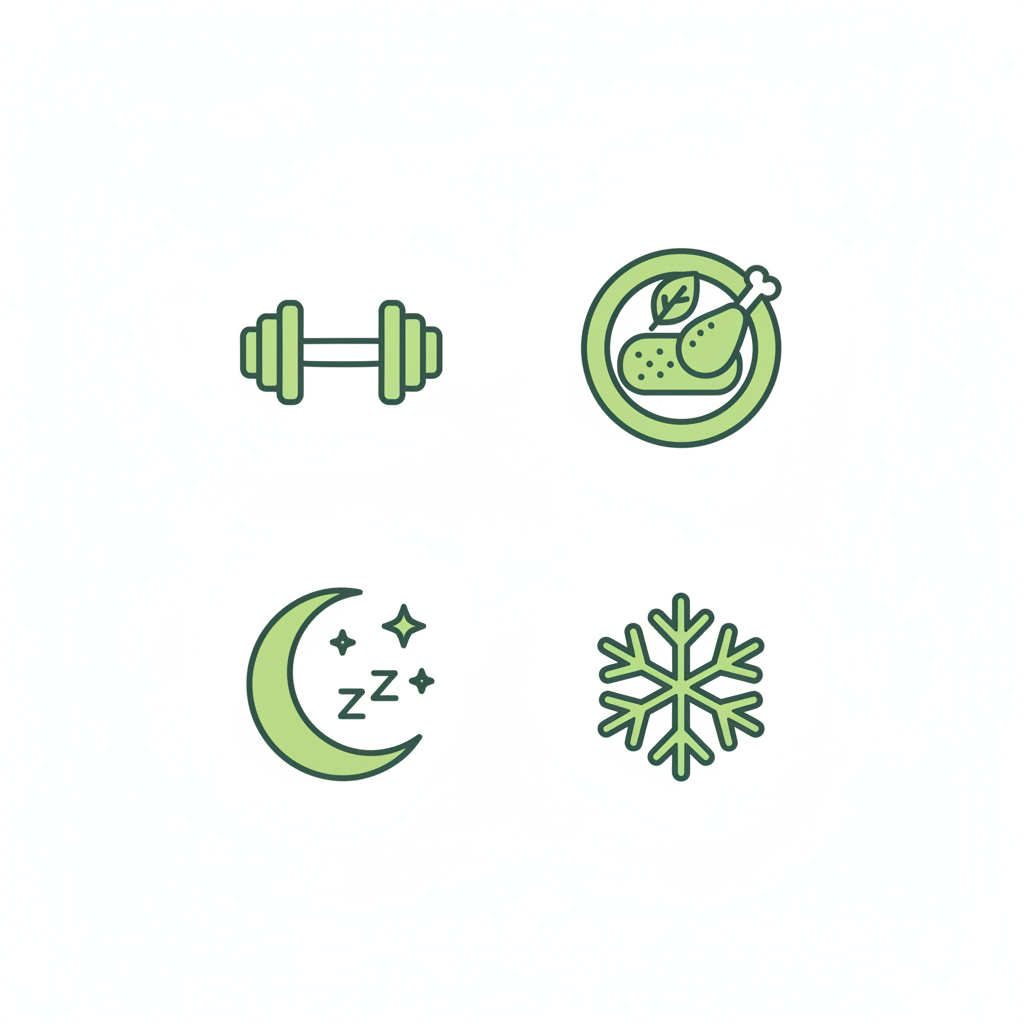 Minimalistische 2D-Vektor-Infografik mit Icons (Hantel, Protein-Teller, Schlafmond, Schneeflocke) in Markenfarben – Was kurbelt extrem den Stoffwechsel an