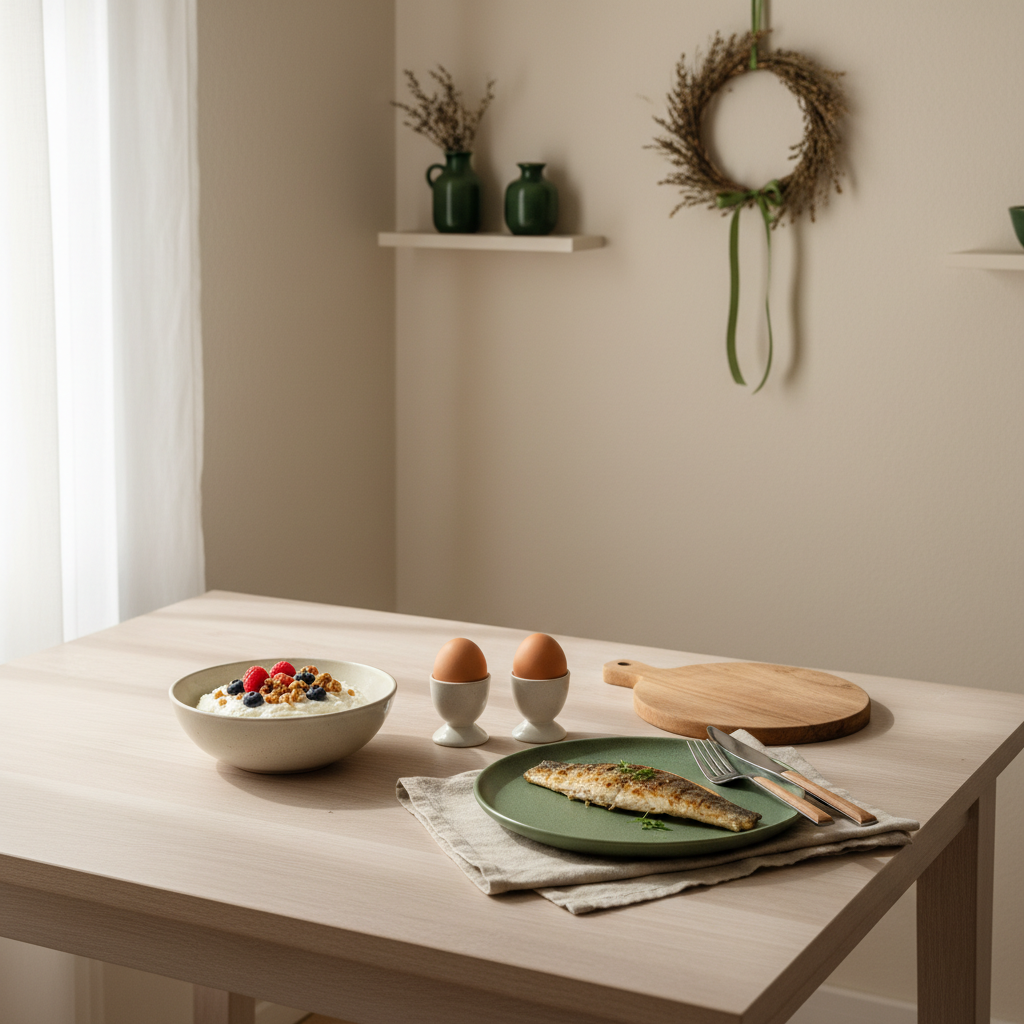 Minimalistisches Full-Frame-Tabletop mit proteinreichem Mahl (Quark, Eier, gegrillter Fisch) in heimischer Küche, Farben #dbdbcf #a5cd8d #21431f. Was kurbelt extrem den Stoffwechsel an