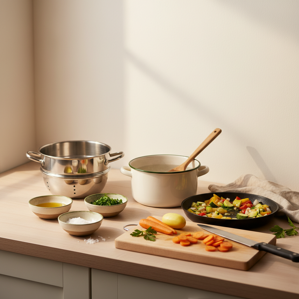 Minimalistisches Küchenstillleben mit mise‑en‑place zum Dämpfen, kochen und Sautieren, warmer hellbeiger Hintergrund und dezente grüne Akzente.