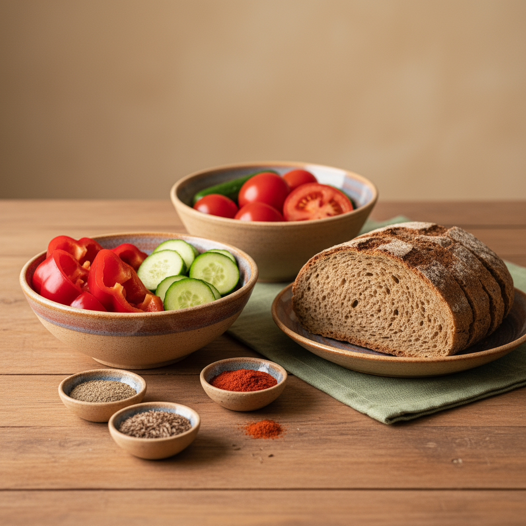 Warum Kochen Martina und Moritz nicht mehr? Nahaufnahme eines heimeligen europäischen Essensarrangements auf Holztisch mit buntem Gemüse, Vollkornbrot und kleinen Gewürzschälchen, warmes Licht