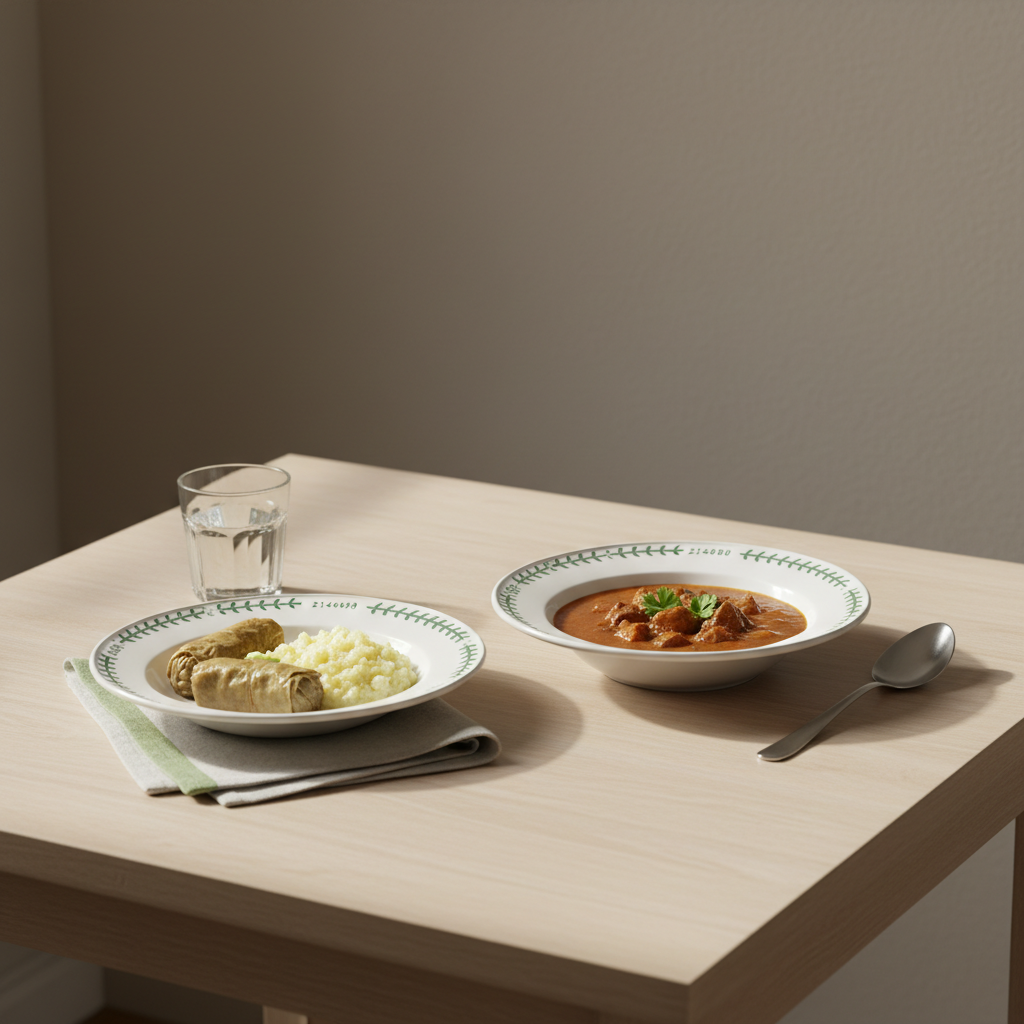 Minimalistisch arrangierter Küchentisch mit ungarischen und rumänischen Gerichten in warmen Tönen, sauber komponiert und einladend, idealer Kontext zum Stoffwechsel testen