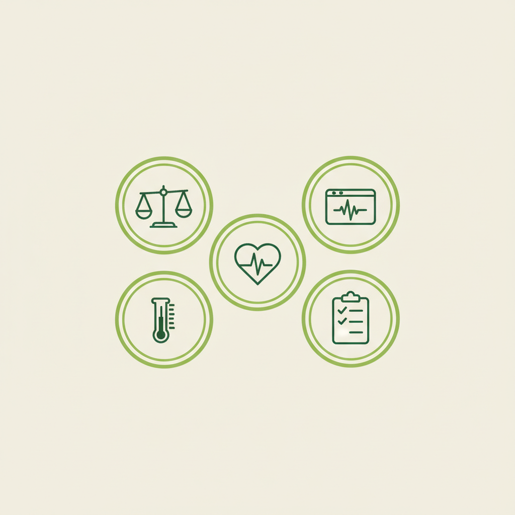 Minimalistische 2D-Infografik mit fünf Vektor-Icons (Waage, Puls, Thermometer, Reagenzglas, Checkliste) in Markenfarben – Thema Stoffwechsel testen.