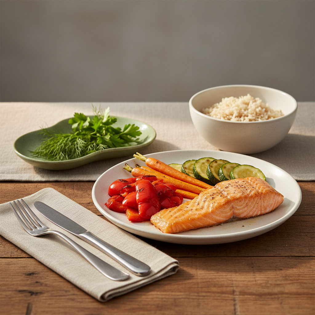 Heimeliges, realistisches Gericht mit Ofengemüse, Lachsfilet und Vollkornreis auf Holztisch – Bild zu Lebensmittel blockieren die Fettverbrennung