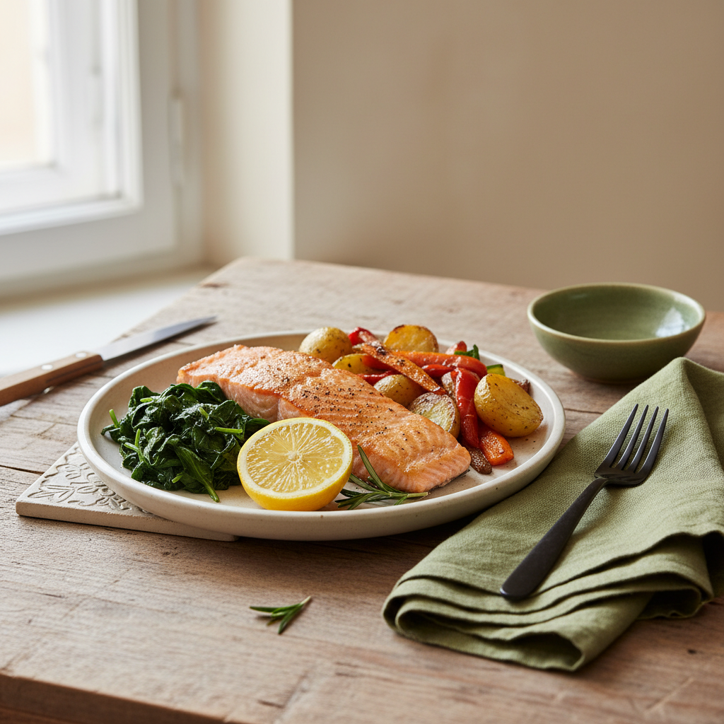 Teller mit Lachs, Zitronenscheibe, Spinat und Ofengemüse auf rustikalem Holztisch, frische Zutaten zum Stoffwechsel aktivieren