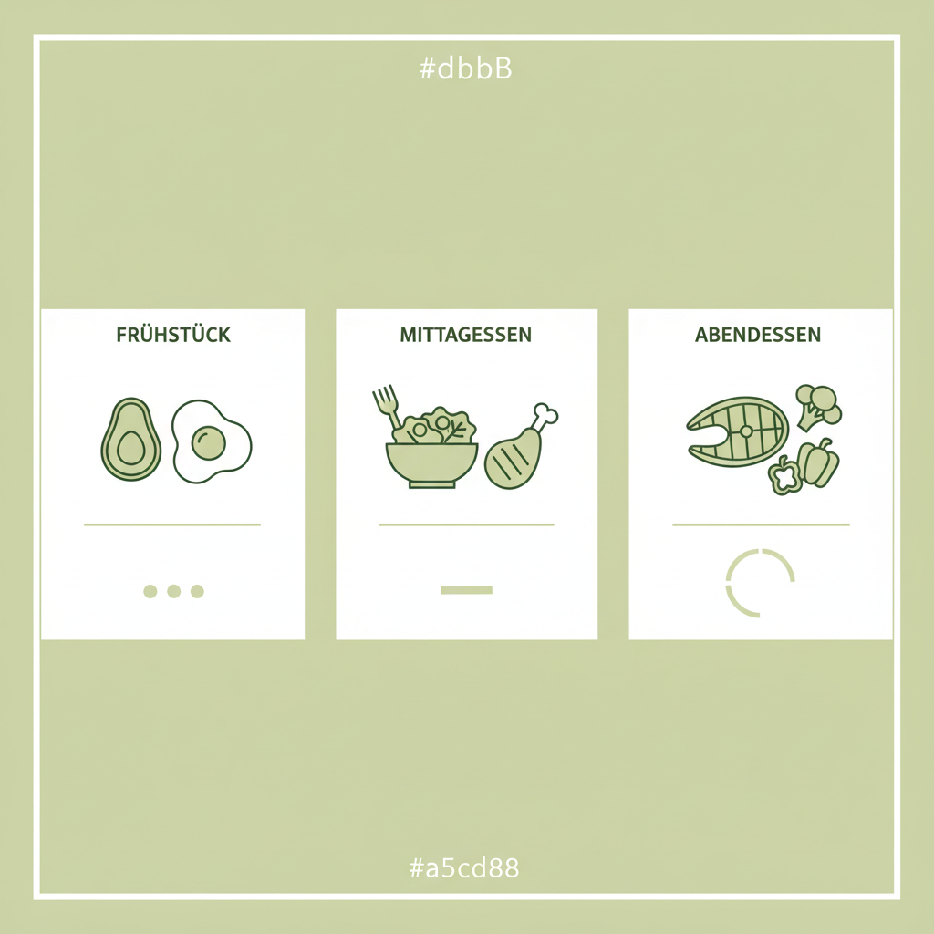 Infografik mit drei minimalistischen Vektor-Icons für Frühstück, Mittagessen und Abendessen mit visuellen Kohlenhydratzählern – Was kann man am besten essen bei Low‑Carb?