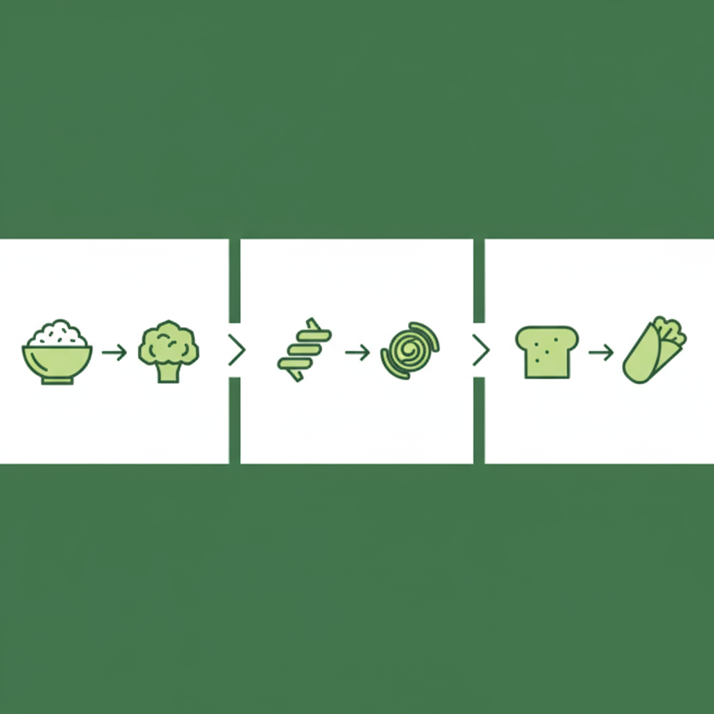 Minimalistische Vektor-Infografik mit Low-Carb Lebensmittel Tauschideen: Reis→Blumenkohlreis, Pasta→Zucchininudeln, Brot→Salatwraps in Markenfarben.