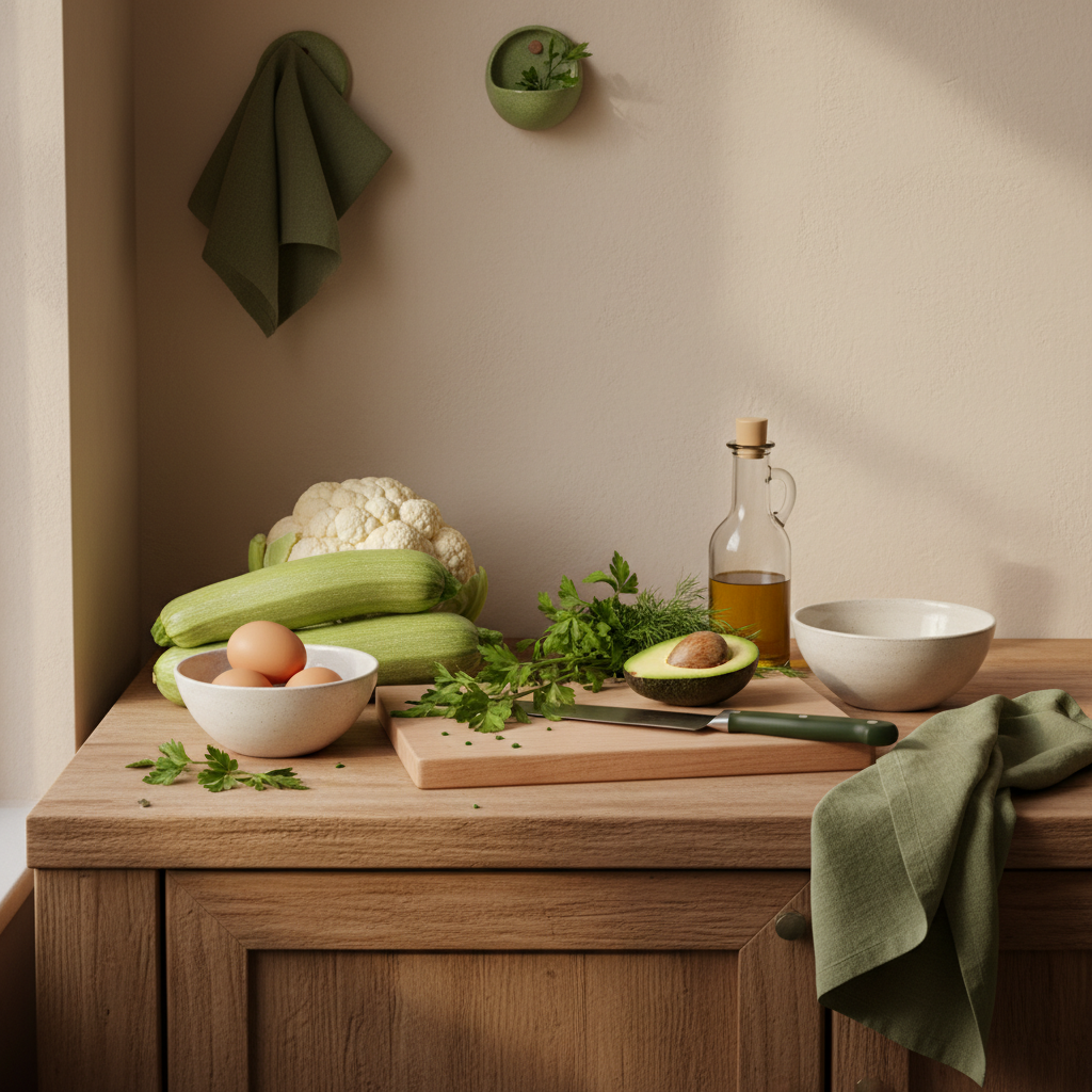 Vollbild-Küchenszene mit Low-Carb Lebensmittel: Zucchini, Blumenkohl, Eier, Avocado, Olivenöl und frische Kräuter auf minimalistischem, warmem Hintergrund.